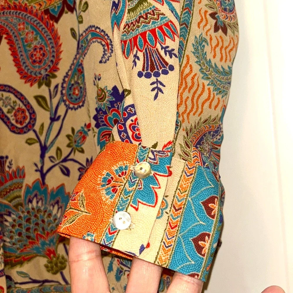 Rose & Olive Paisley Button-Up Shirt M Orange Boho Tie Knot Colorful Floral